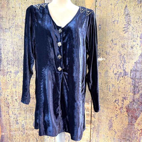 Vintage Saddle RIdge Blue Velvet Studded Western Long Blouse - Picture 1 of 6